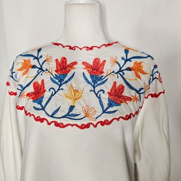 Zara Embroidered Floral Top Sweater Long Sleeve Sz Large White Boho Cottagecore - Picture 3 of 10